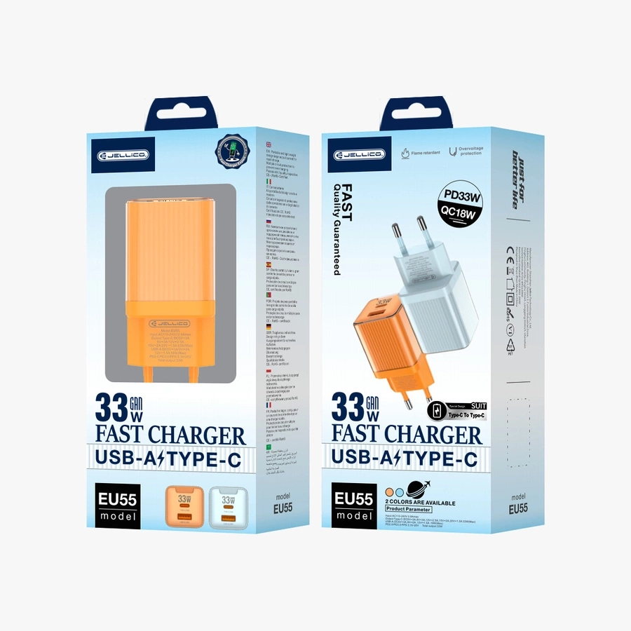 JELLICO sieninis įkroviklis EU55 GaN PD 33W 1xUSB-C + 1xUSB QC3.0 Oranžinis