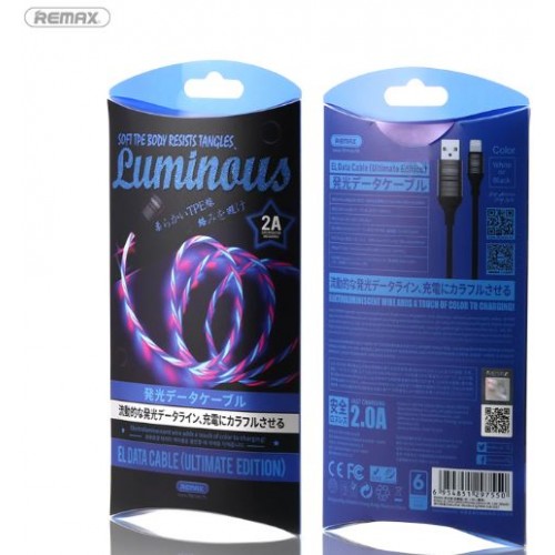 USB kabelis Remax RC-130i šviesus "Lightning" / LED apšvietimas visu ilgiu / 100cm