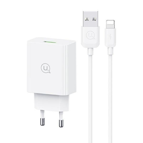 USAMS Tinklo įkroviklis 18W + laidas Lightning/ USB-A Fast Charging baltas series SC SCXLTZ03