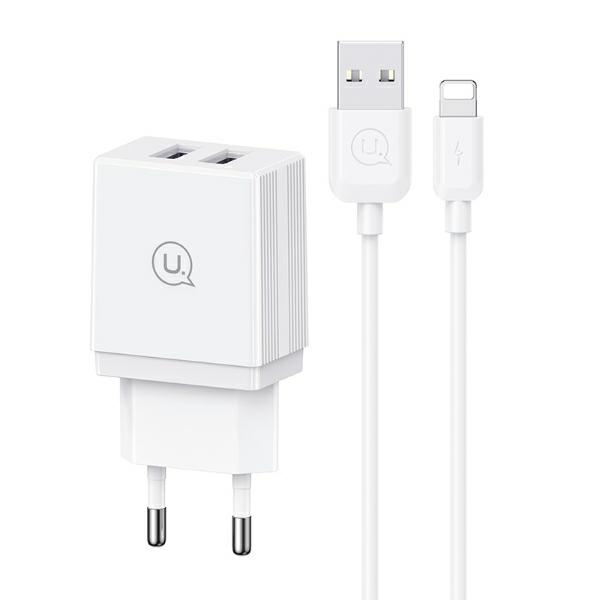 USAMS Tinklo įkroviklis 2xUSB 18W + laidas Lightning/USB-A Fast Charging baltas series HC HCXLTZ01