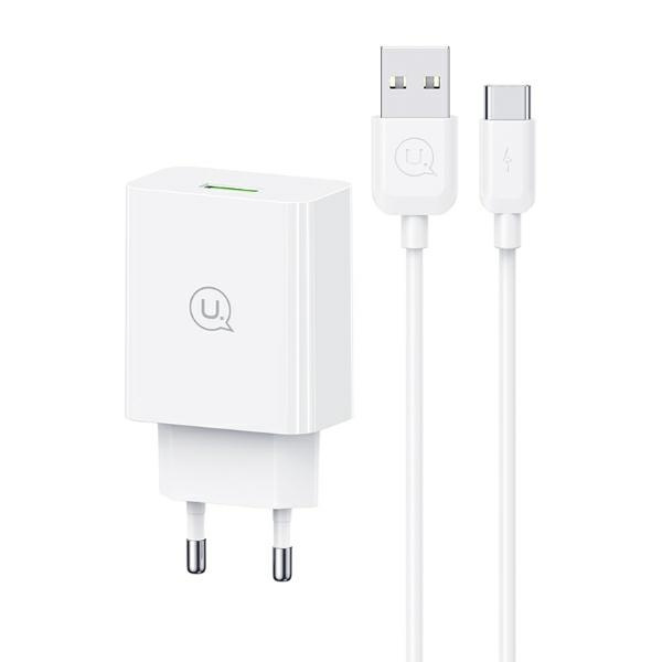 USAMS Tinklo įkroviklis 18W + laidas USB-C/USB-A 1m Fast Charging baltas series SC SCXLTZ02