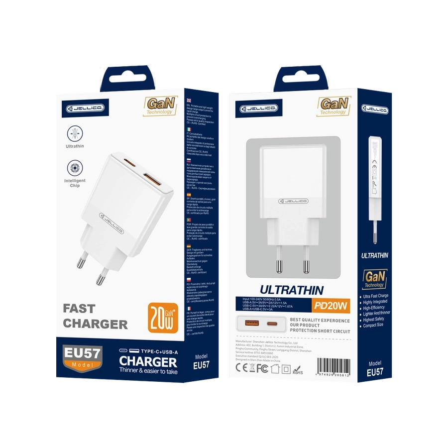 JELLICO Sieninis įkroviklis EU57 PD 20W 1xUSB-C + 1xUSB QC3.0 baltas
