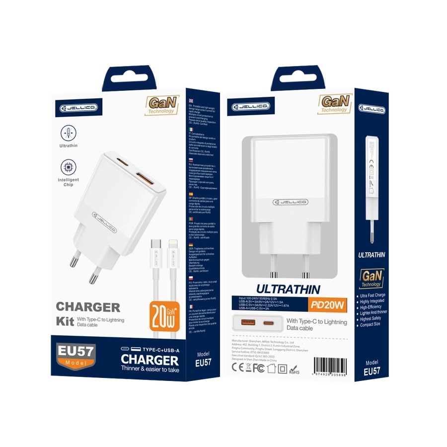 JELLICO Sieninis įkroviklis EU57 PD 20W 1xUSB-C + 1xUSB QC3.0 + laidas USB-C - Lightning baltas