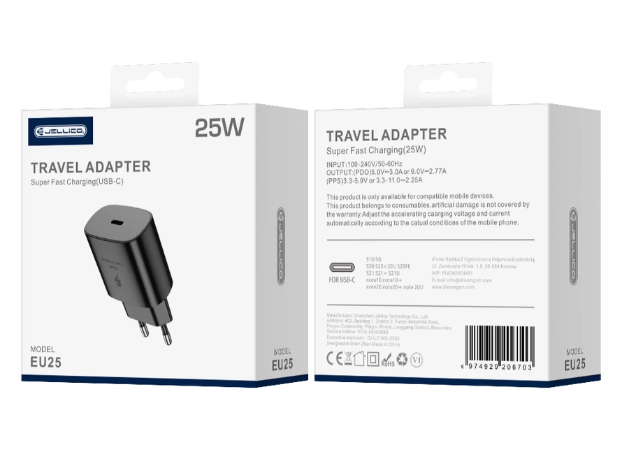 JELLICO sieninis įkroviklis EU25 PD 25W 1xUSB-C juodas