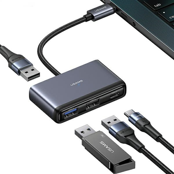 USAMS adapteris HUB 4w1 2xUSB 2.0/USB 3.0/ USB-C tamsiai pilkas SJ627HUB01 (US-SJ627)