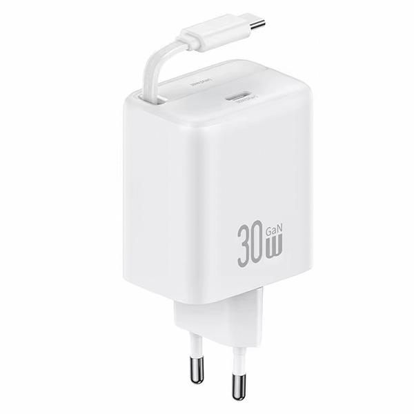 USAMS tinklo įkroviklis 1xUSB-C su susukamu laidu USB-C Retractable PD+QC 30W Gan Fast Charging baltas YC Series CC241TC02 (US-CC241)