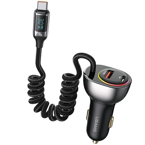 USAMS automobilinis įkroviklis C37 1xUSB+1xUSB-C 60W + laidas USB-C 30W PD+QC Fast Charge juodas CC192CC01 (US-CC192)