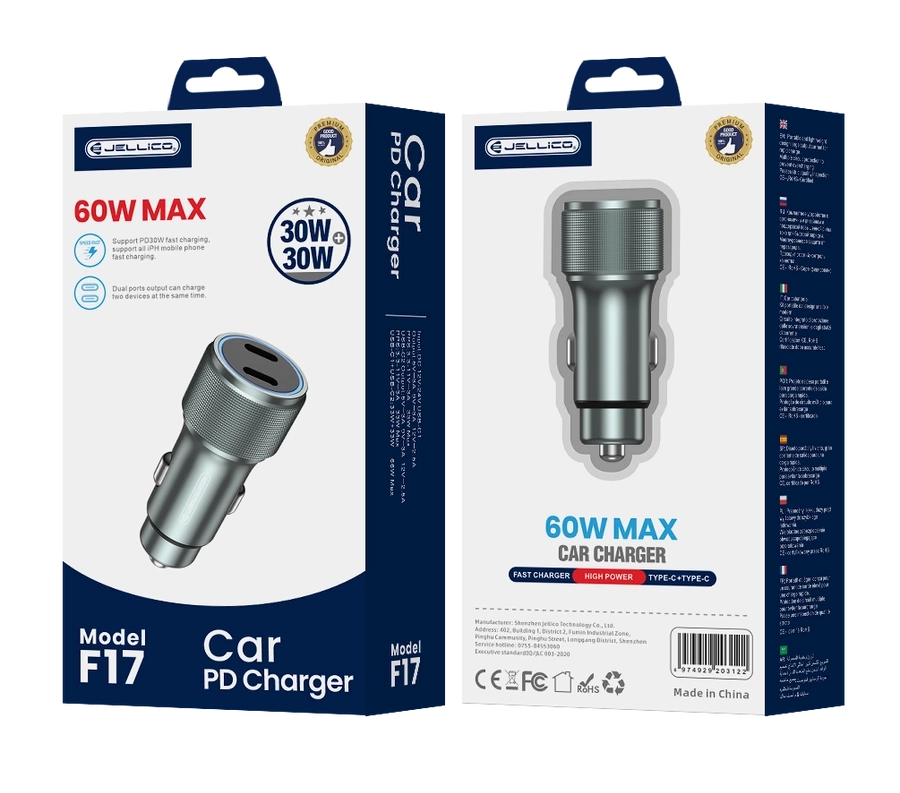 JELLICO automobilinis įkroviklis F17 PD 60W 2xUSB-C juodas