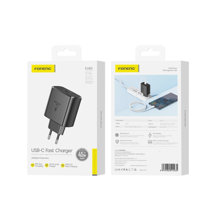 FONENG tinklo įkroviklis EU62 GaN PD 45W 1xUSB-C juodas