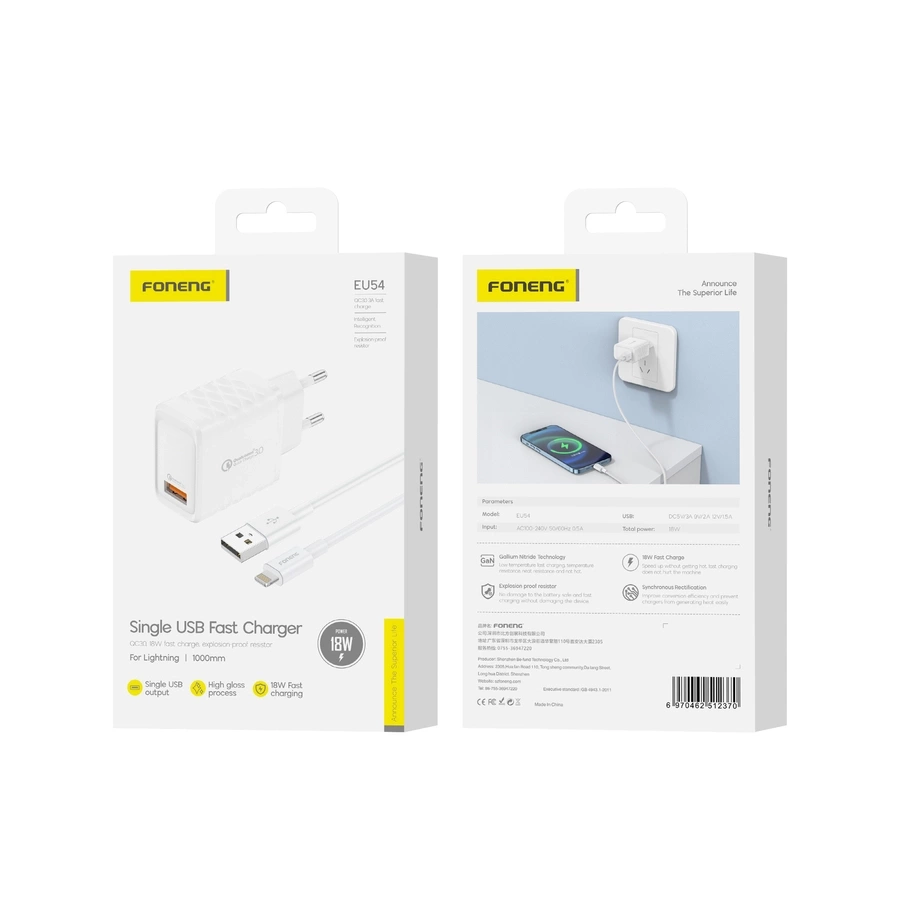 FONENG tinklo įkroviklis EU54 18W 1xUSB QC3.0 + laidas Lightning baltas