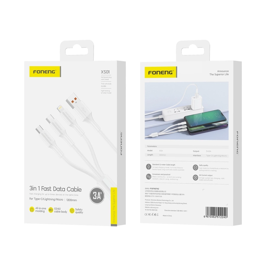 FONENG laidas XS01 3in1 3A 1.2M baltas