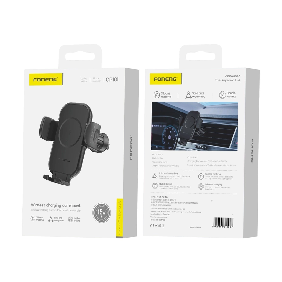 "Foneng CP101" automobilio grotelių laikiklis su 15 W belaidžiu įkrovikliu (juodas)