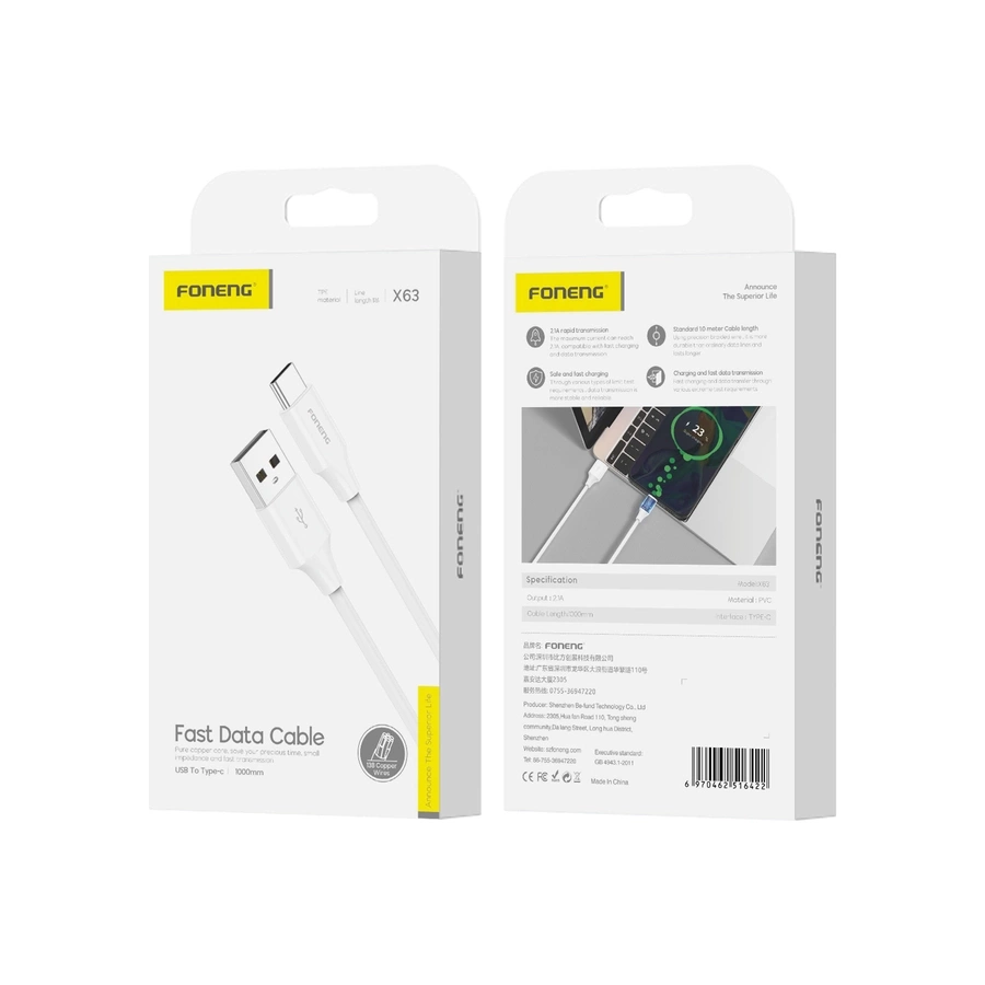 FONENG laidas X63 USB-C 2.1A 1M baltas
