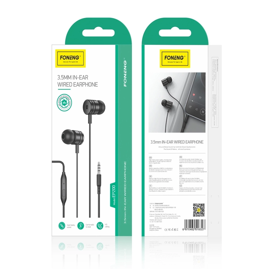 FONENG laidinės ausinės EP200 JACK 3.5MM su mikrofonu 1.2M juodas