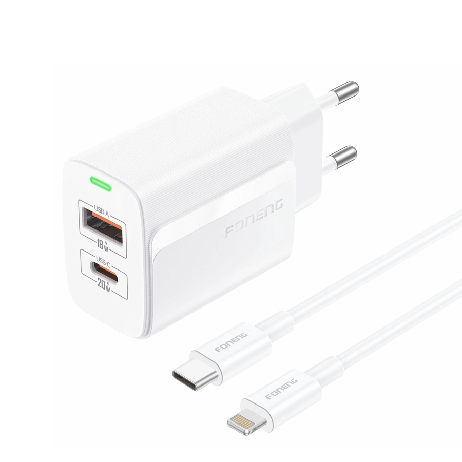 FONENG tinklo įkroviklis EU66 PD 20W 1xUSB-C + 1xUSB QC3.0 + laidas USB-C - Lightning baltas