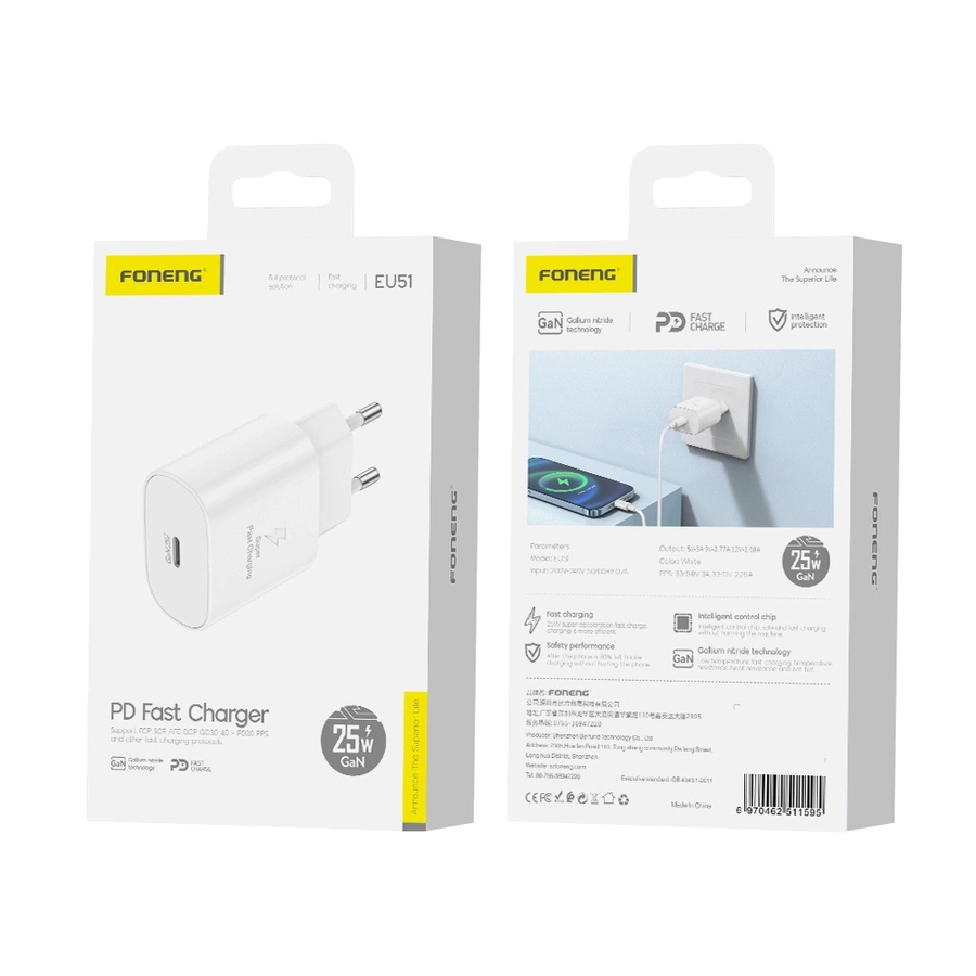 FONENG tinklo įkroviklis EU51 GaN PD 25W 1xUSB-C baltas