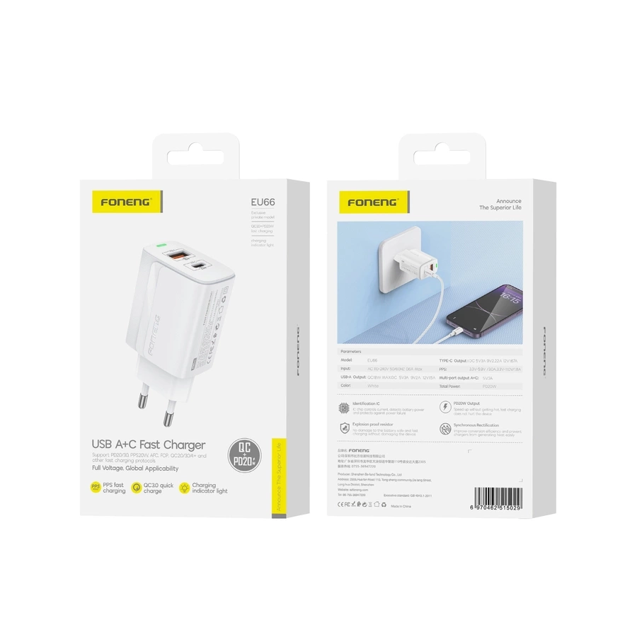 FONENG tinklo įkroviklis EU66 PD 20W 1xUSB-C + 1xUSB QC3.0 baltas