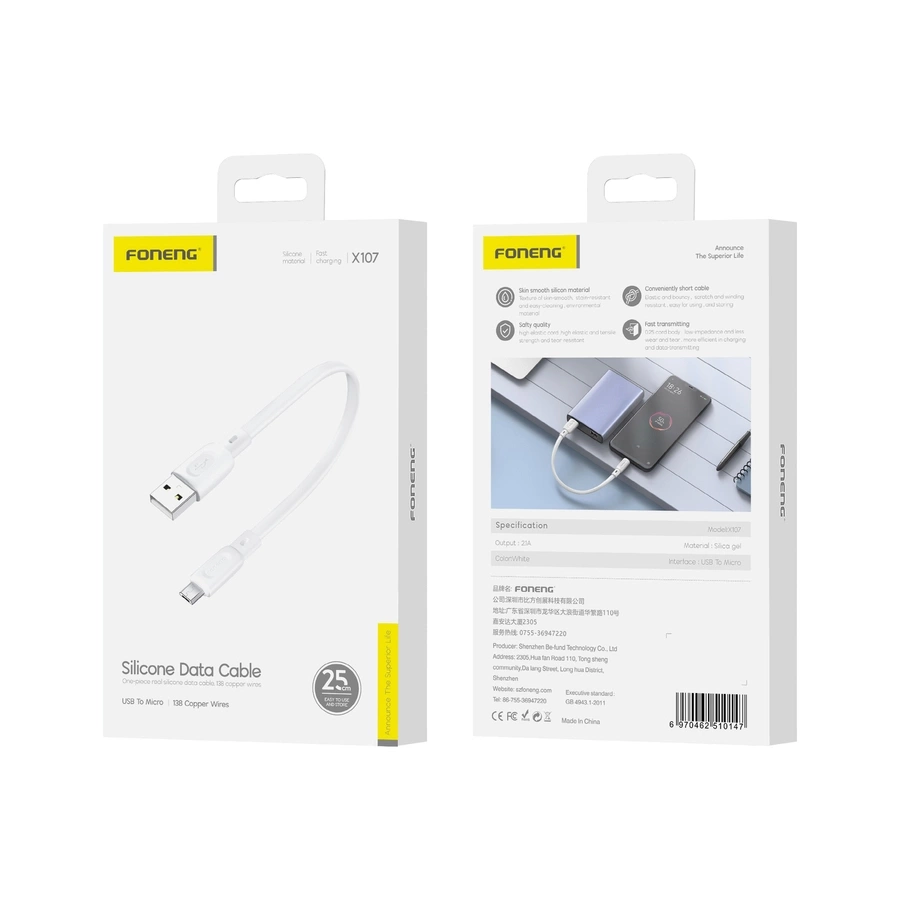 FONENG laidas X107 Micro USB 2.1A 0.25M baltas