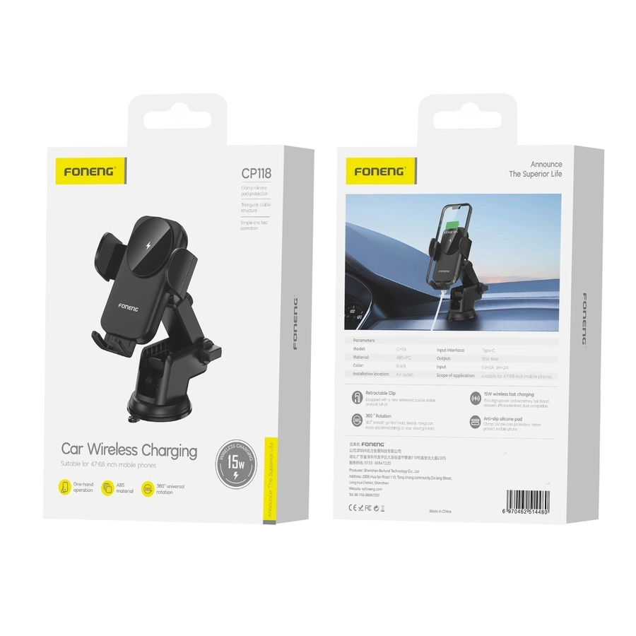 FONENG automobilinis laikiklis su belaidžiu įkrovimu CP118 15W juodas