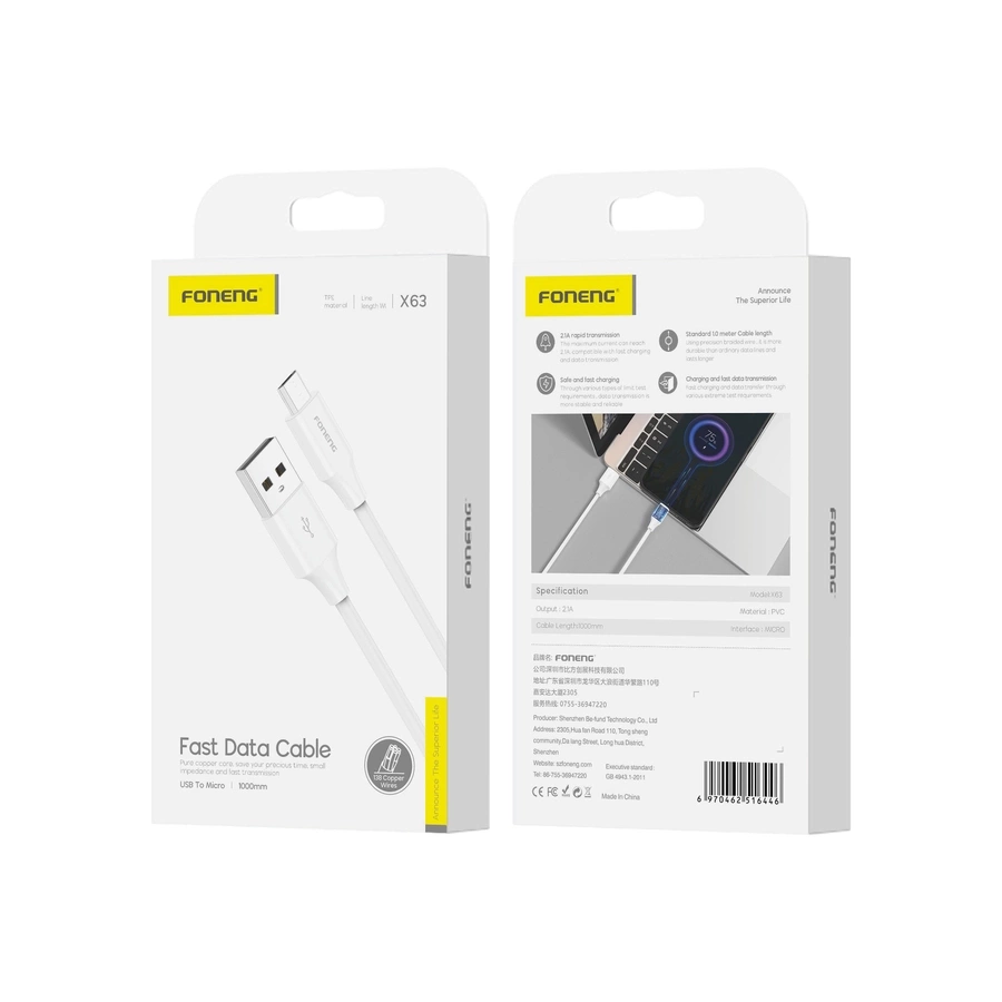 FONENG laidas X63 Micro USB 2.1A 1M baltas