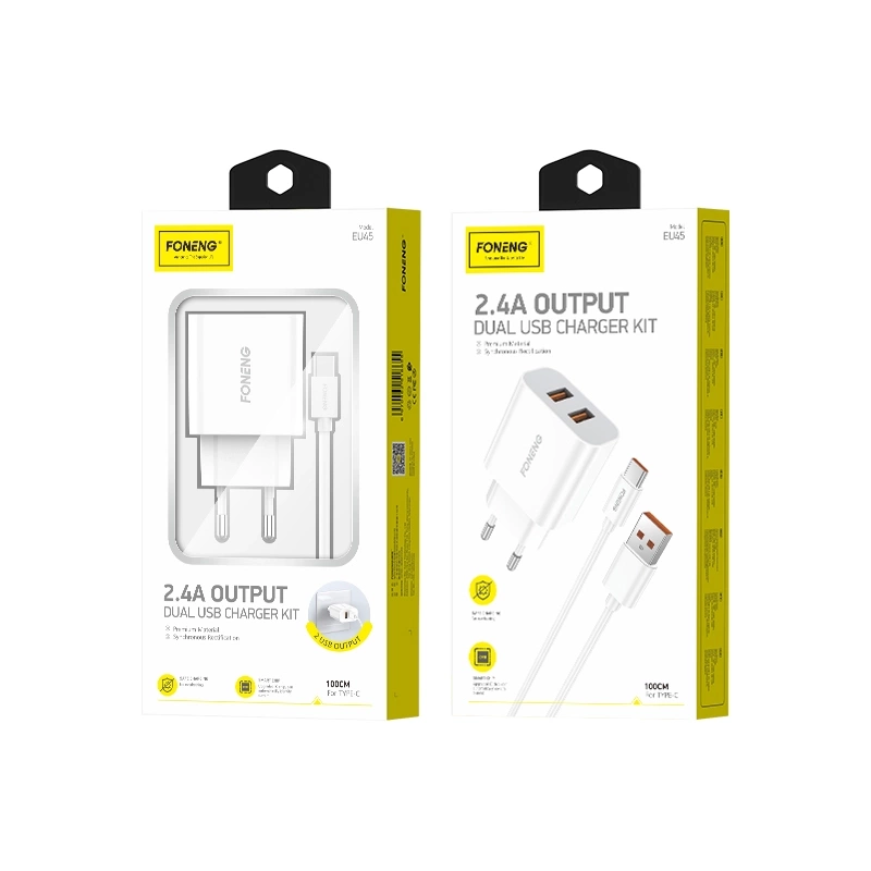 FONENG tinklo įkroviklis EU45 2.4A 12W 2xUSB + laidas USB-C baltas