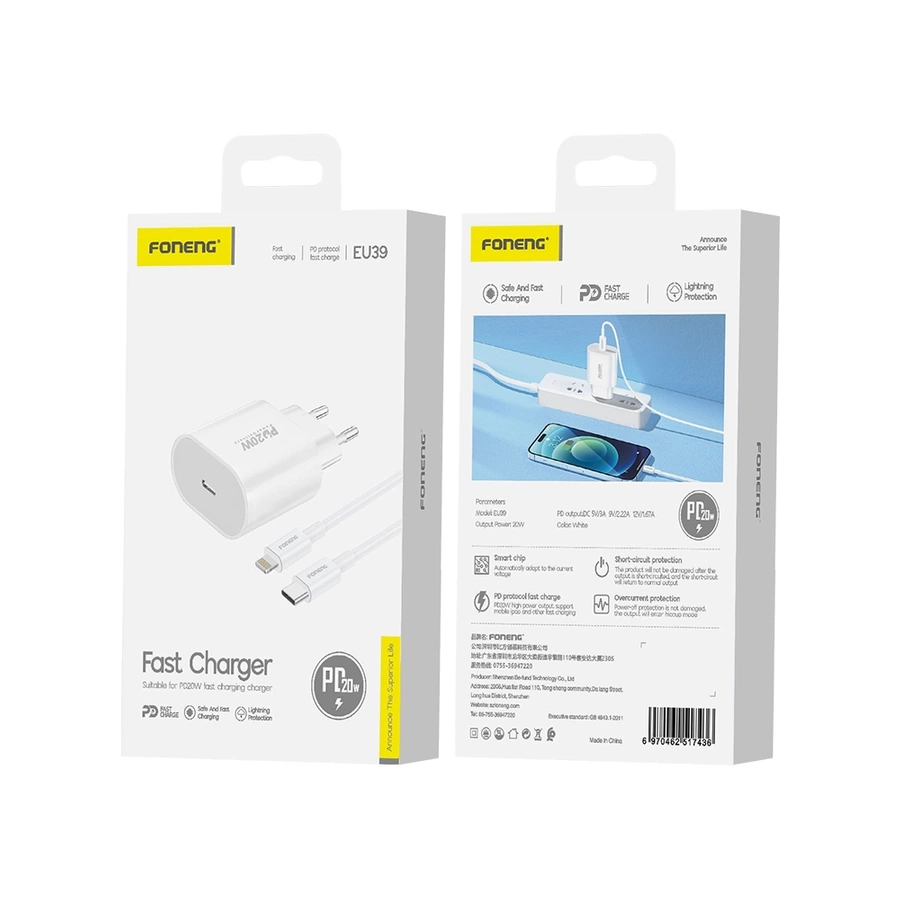 Greitas įkroviklis Foneng 1x USB PD 3.0 EU39 20W + USB C į Lightning