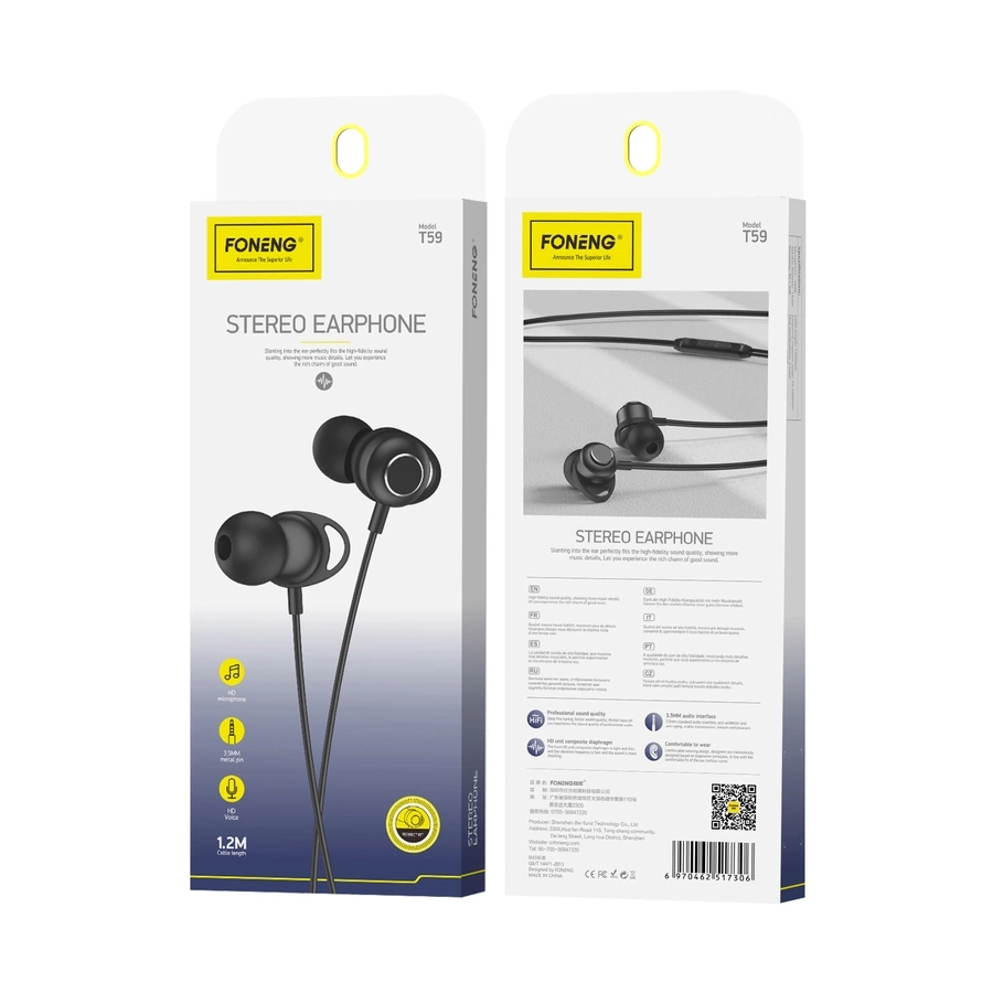 FONENG laidinės ausinės T59 JACK 3.5MM su mikrofonu 1.2M juodas