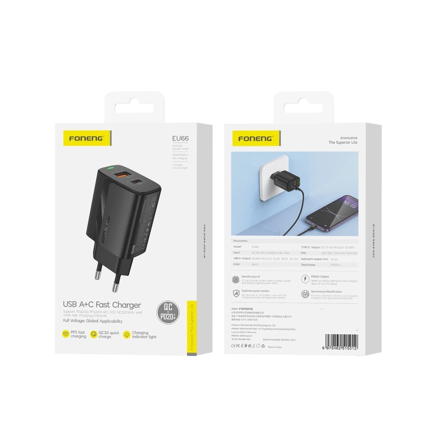 FONENG tinklo įkroviklis EU66 PD 20W 1xUSB-C + 1xUSB QC3.0 juodas