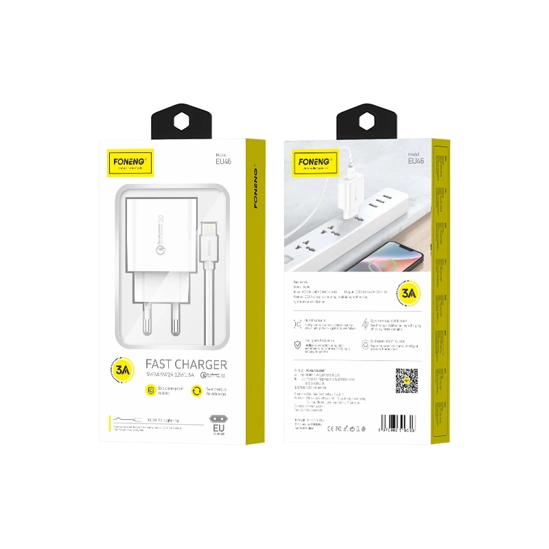 FONENG tinklo įkroviklis EU46 18W 1xUSB QC3.0 + laidas Lightning baltas