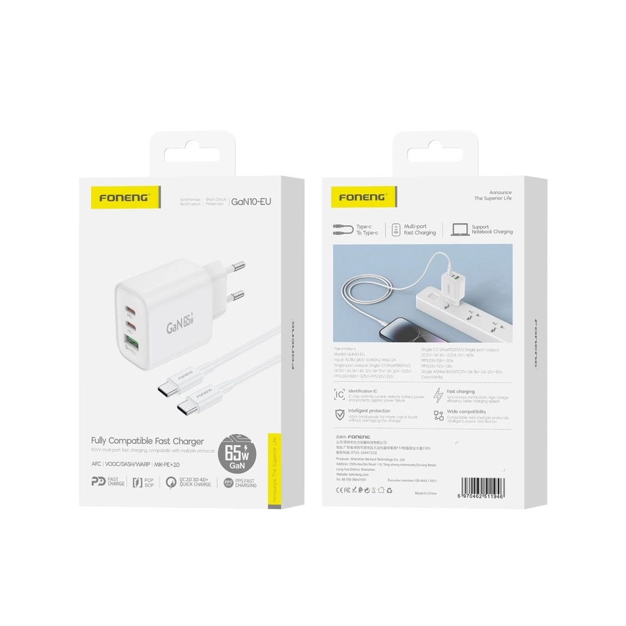 FONENG tinklo įkroviklis GaN10-EU GaN PD 65W 2xUSB-C + 1xUSB QC3.0 + laidas USB-C - USB-C baltas