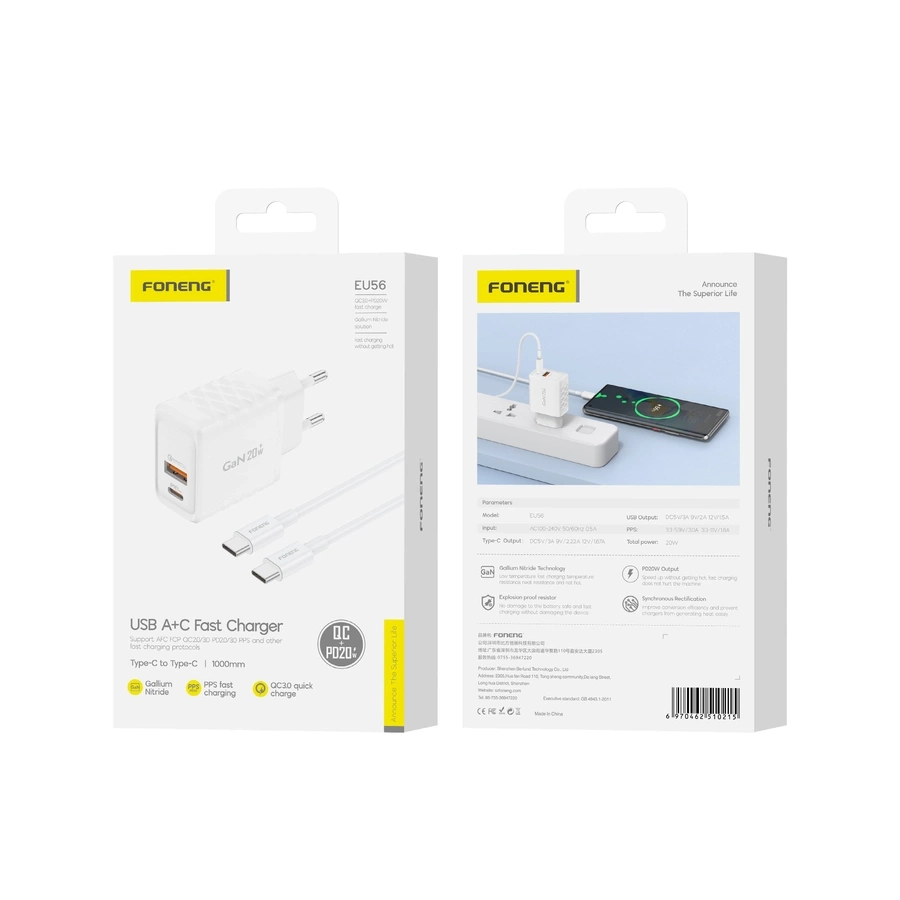 FONENG tinklo įkroviklis EU56 GaN PD 20W 1xUSB-C + 1xUSB QC3.0 + laidas USB-C - USB-C baltas