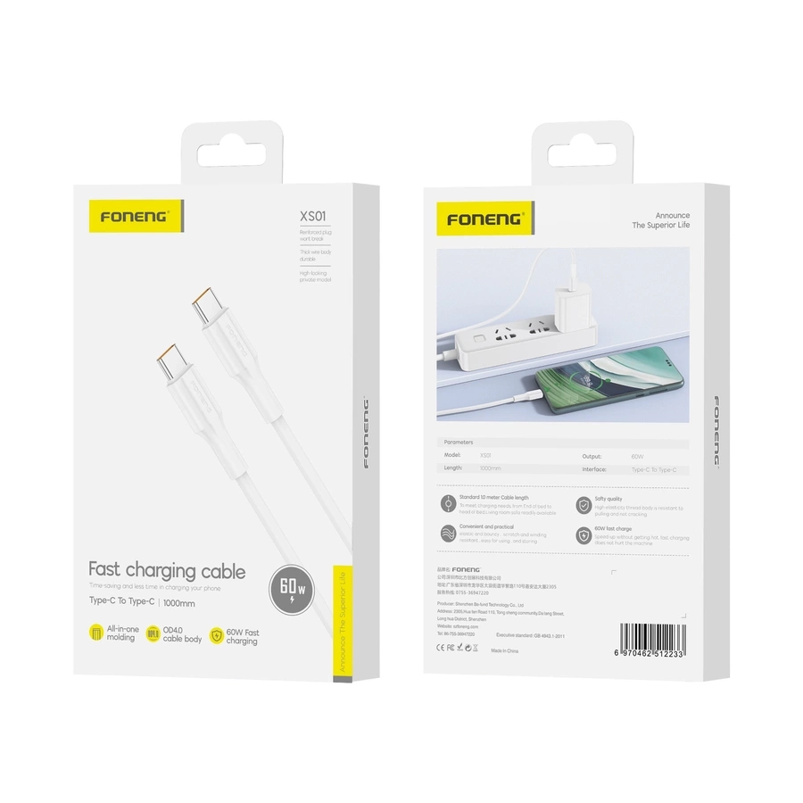 FONENG laidas XS01 USB-C - USB-C PD 60W 1M baltas