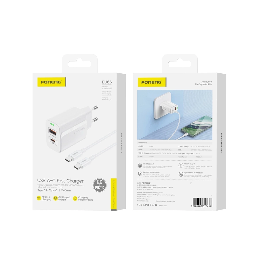 FONENG tinklo įkroviklis EU66 PD 20W 1xUSB-C + 1xUSB QC3.0 + laidas USB-C - USB-C baltas