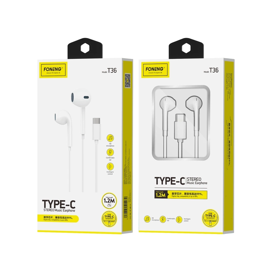 FONENG laidinės ausinės T36 USB-C su mikrofonu 1.2M baltas