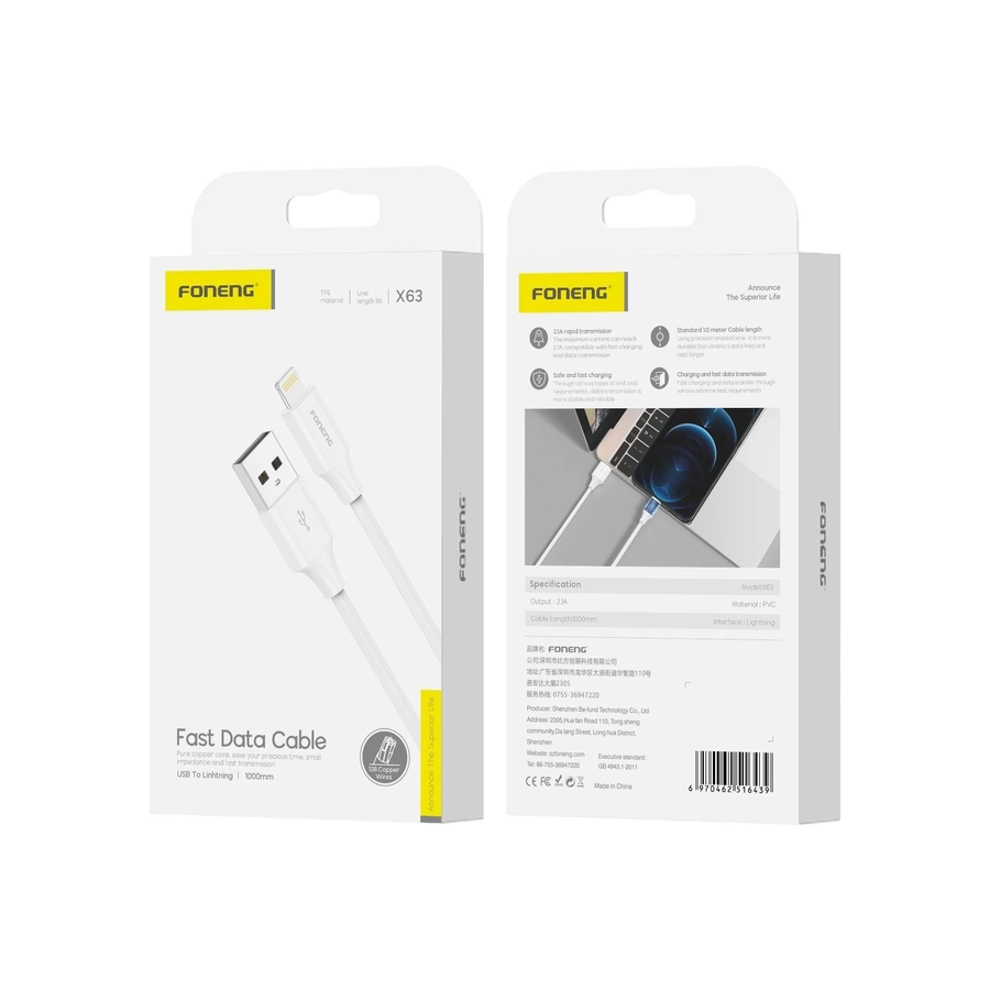 FONENG laidas X63 Lightning 2.1A 1M baltas