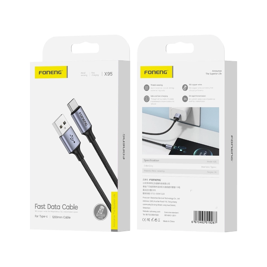 FONENG laidas X95 USB-C 3A 1.2M juodas