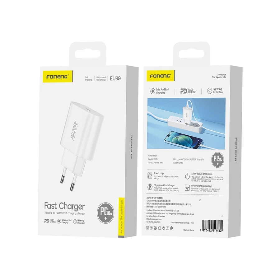 FONENG tinklo įkroviklis EU39 PD 20W 1xUSB-C baltas