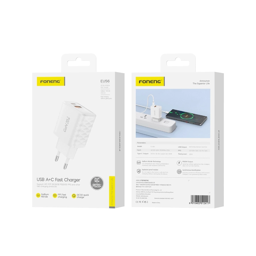 FONENG tinklo įkroviklis EU56 GaN PD 20W 1xUSB-C + 1xUSB QC3.0 baltas