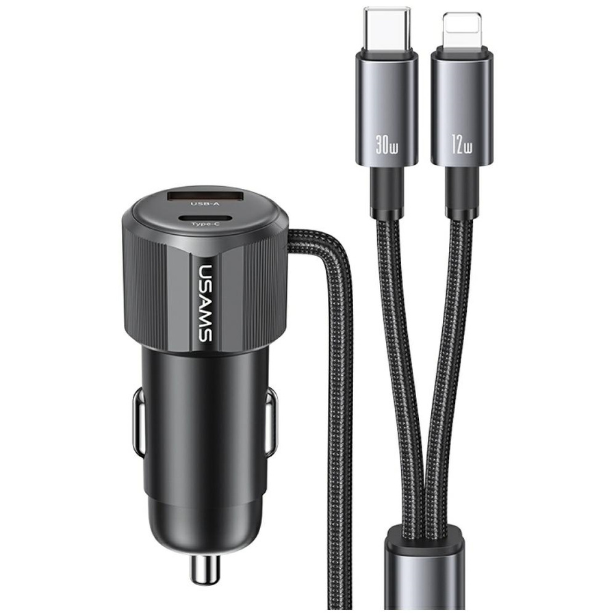 Automobilinis įkroviklis USAMS YT Series CC287 66W 1xUSB-A 1xUSB-C + laidas 2w1 USB-C/Lightning tamsus