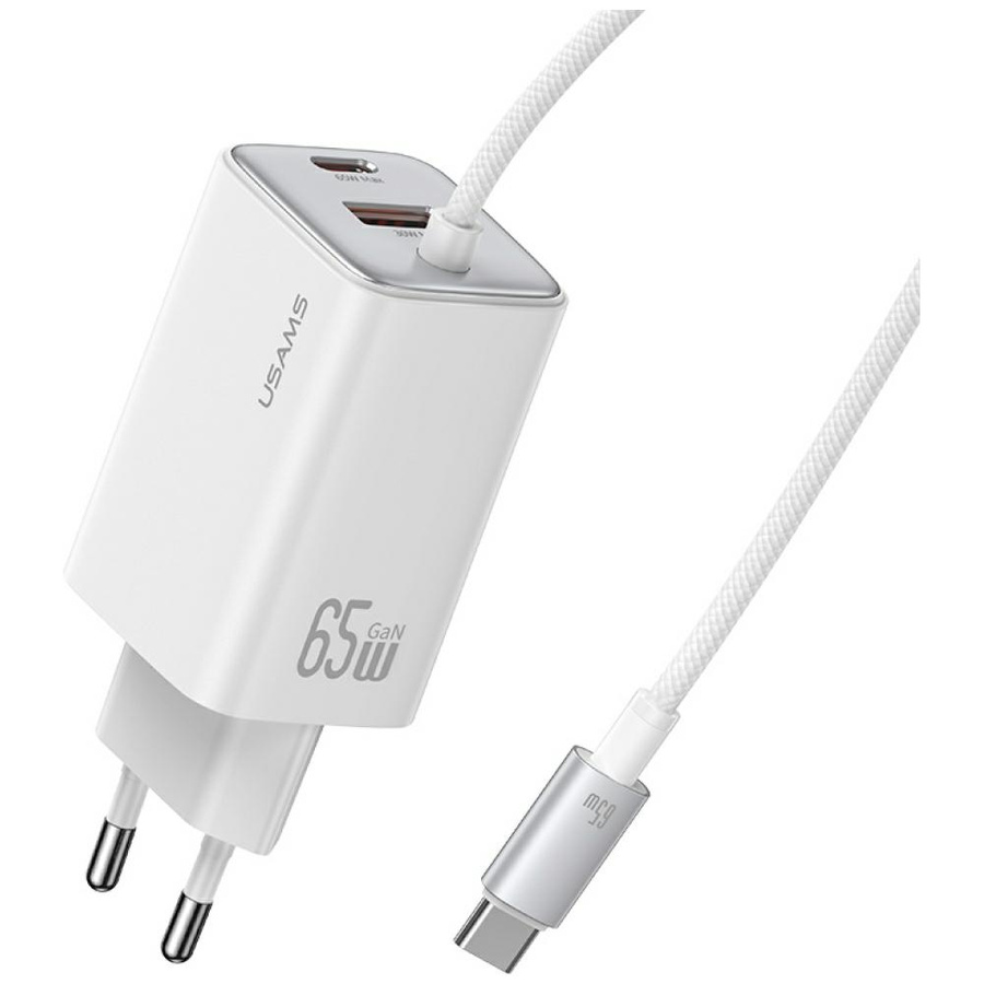 Tinklo įkroviklis USAMS JC Series CC266 65W GaN Fast Charger 2xUSB-C 1xUSB-A baltas