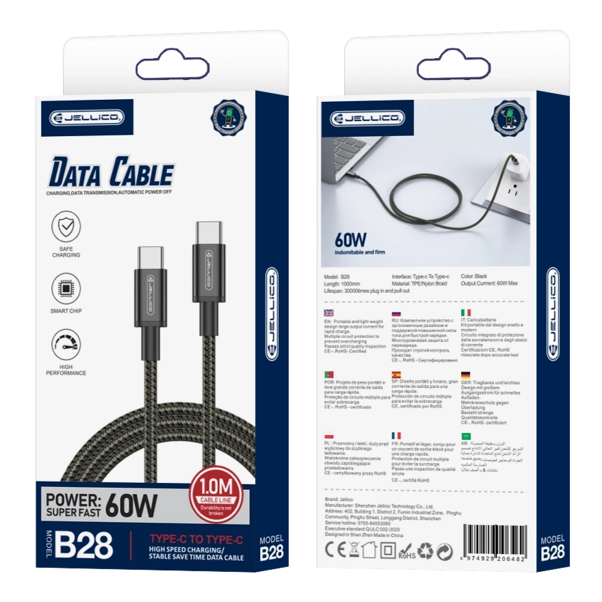 JELLICO laidas B28 USB-C - USB-C PD 60W 1M juodas