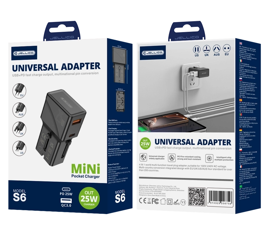 JELLICO universalus kelioninis adapteris S6 PD 25W 1xUSB-C + 1xUSB QC3.0 juodas