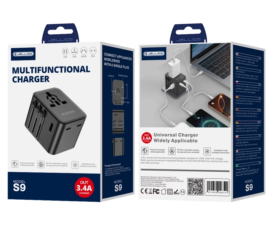 JELLICO universalus kelioninis adapteris S9 PD 2xUSB-C + 1xUSB 3.4A Max 2500W juodas