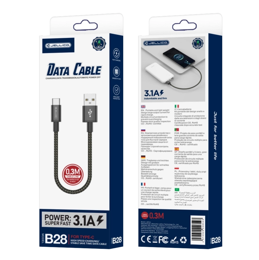 JELLICO laidas B28 USB-C 3.1A 0.3M juodas
