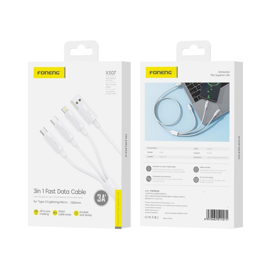 FONENG laidas XS07 3in1 3A 1.2M baltas