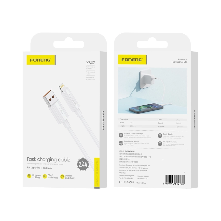 FONENG laidas XS07 Lightning 2.4A 1M baltas
