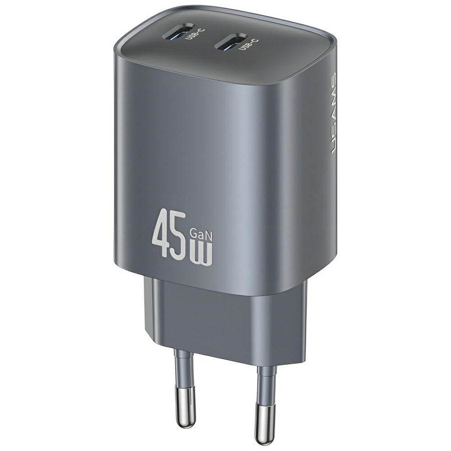 Tinklo įkroviklis USAMS CC305 T66 45W GaN 2xUSB-C tamsus