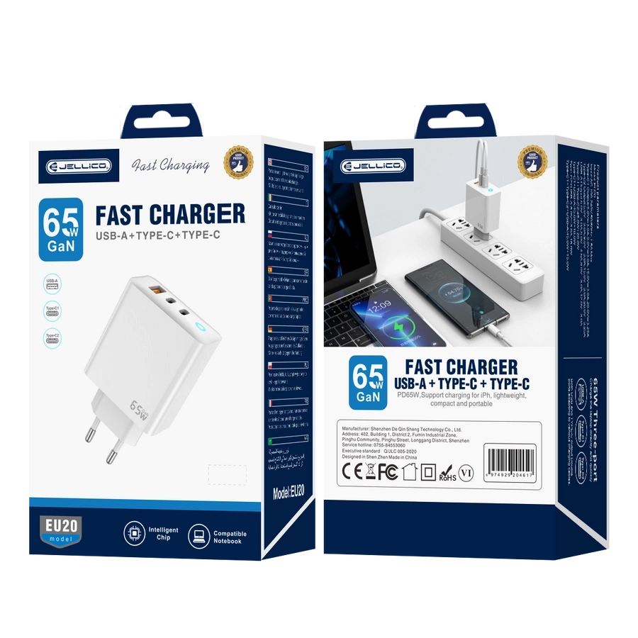 JELLICO tinklo įkroviklis EU20 GaN PD 65W 2xUSB-C + 1xUSB QC3.0 baltas