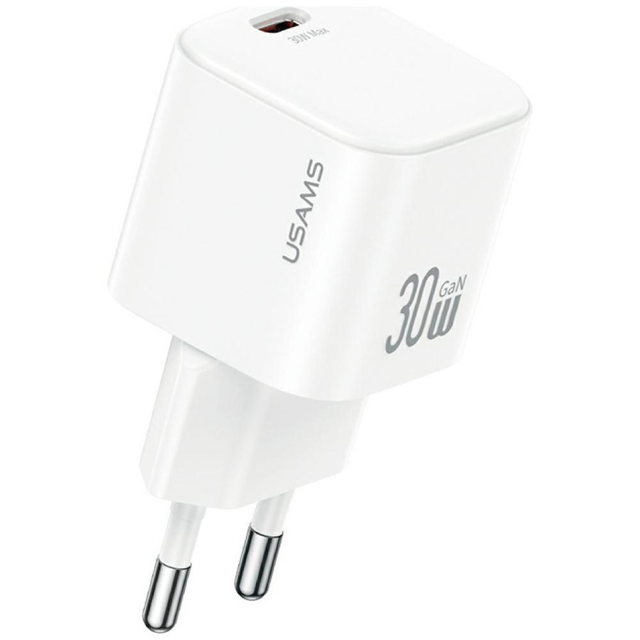 Tinklo įkroviklis USAMS JO Series CC262 30W USB-C + USB-C/Lightning laidas 1m baltas