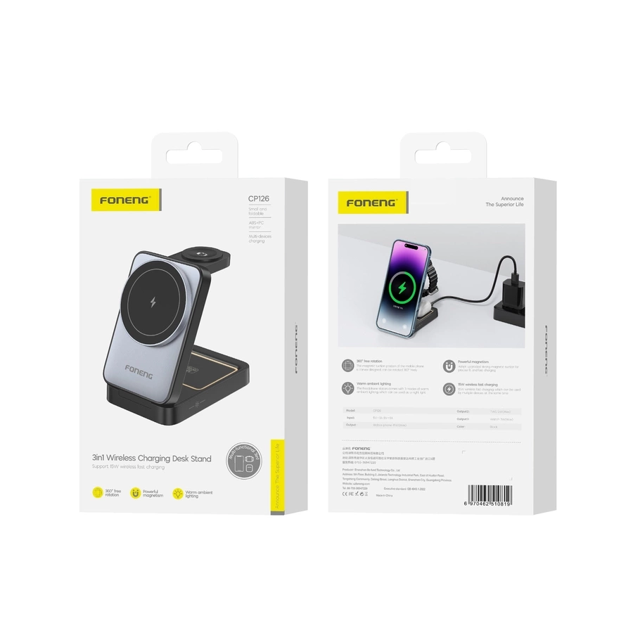 FONENG belaidis 3in1 įkroviklis CP126 15W juodas